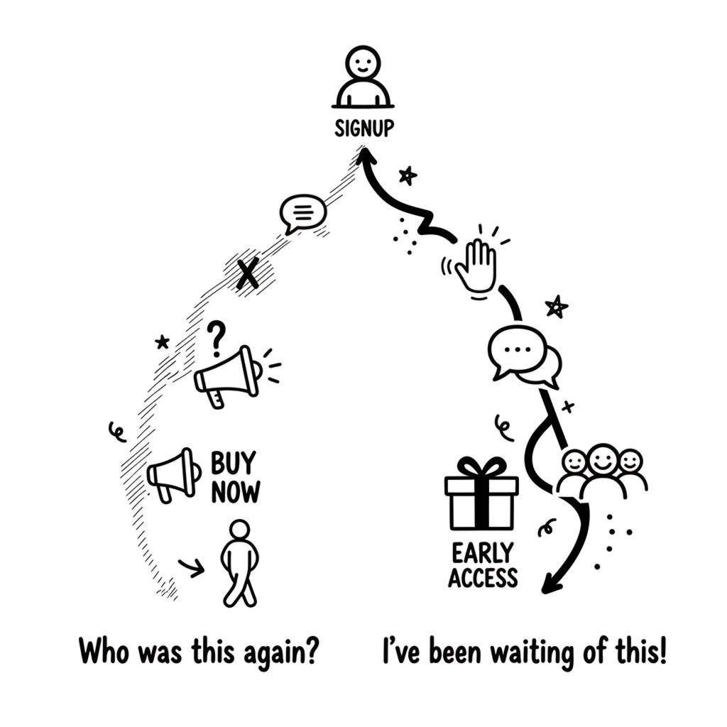 Two paths: The silent creator leads to 'Who was this again?' while the connected creator leads to 'I've been waiting for this!'