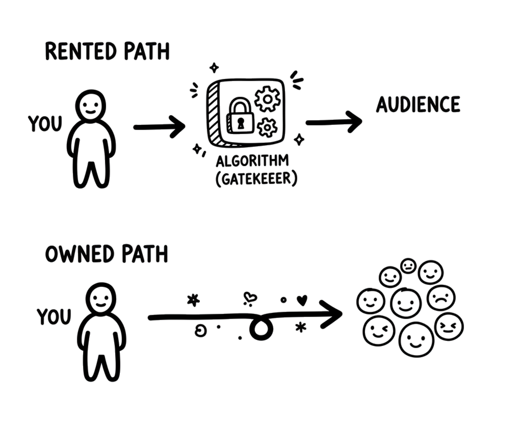 Rented path: You to Algorithm to Audience. Owned path: You directly to Audience