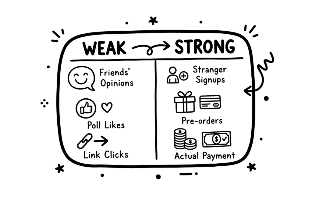 Validation spectrum from weak to strong: friends' opinions, poll likes, link clicks, stranger signups, pre-orders, actual payment
