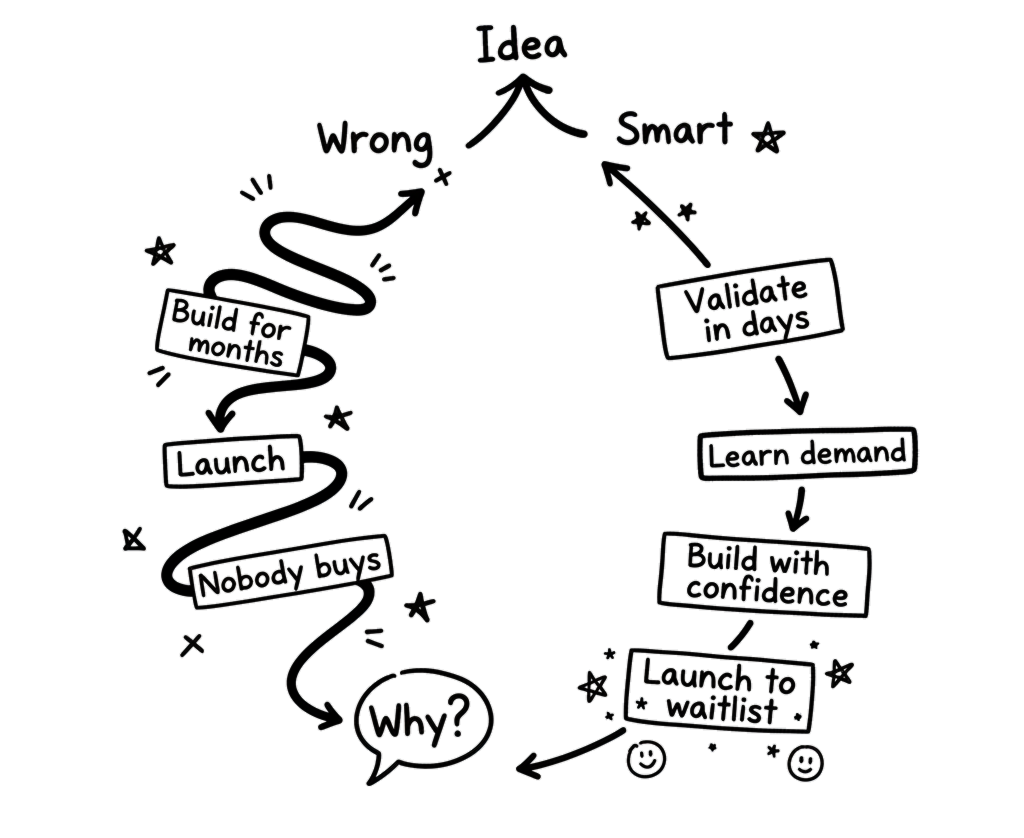 Two paths: Build first then hope vs Validate first then build with confidence
